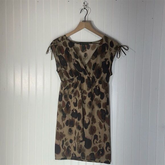 GLAM USA Brown Leopard Print Mini Dress Small Y2K Indie Grunge Sheer Cap Sleeve - Picture 1 of 8
